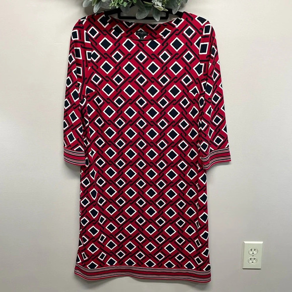 NWOT Talbots Petites 3/4 Sleeve Stretch Shift Dress Red Black White Print LP - Picture 1 of 16